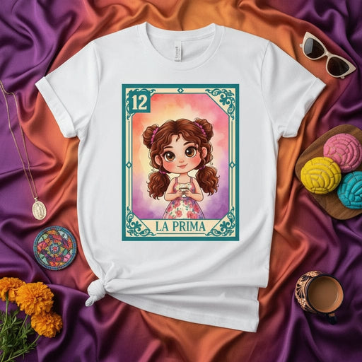 La Prima Cute Cartoon Niece Lotería Card T-Shirt, Mexican Bingo Game Cousin Tee, Number 12 Girl Floral Dress Top, Latina Heritage Gift Shirt, Day of the Dead Inspired Apparel Mexicada