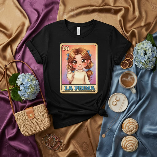 LA PRIMA Cute Chibi Cousin Loteria Card Graphic Tee | Mexican Bingo Game Art Unisex T-Shirt | Number 08 Gift Mexicada