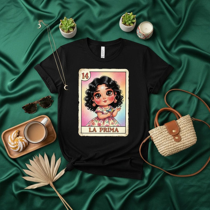LA PRIMA Cute Chibi Girl Loteria Card Design Unisex T-Shirt, Mexican Bingo Game The Cousin Graphic Tee, Latin Culture Apparel Gift, Number 14 Mexicada