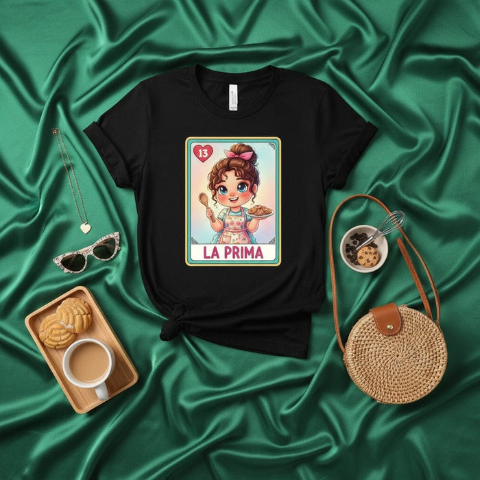La Prima Cute Latina Cousin Baker Loteria Card T-Shirt, Mexican Bingo Game Outfit, Adorable Girl Baking Tee, Funny Family Gift Top, Number 13 Mexicada