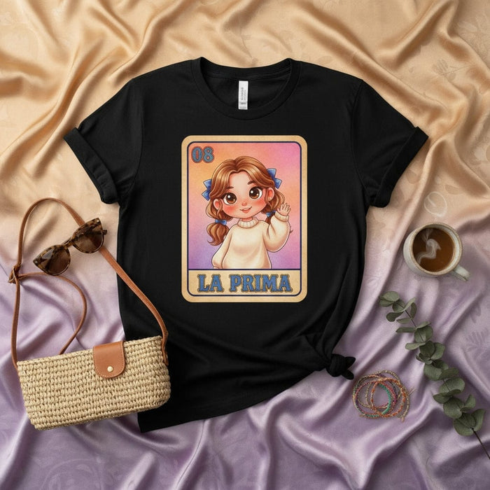 LA PRIMA Cute Little Cousin Loteria Card Graphic T-Shirt, Funny Hispanic Family Gift Tee, Mexican Game Day Shirt, Women's Men's Unisex Apparel Mexicada