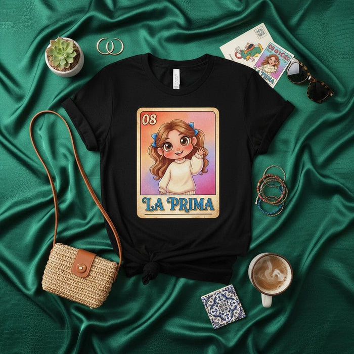 LA PRIMA Cute Little Cousin Loteria Card Graphic T-Shirt, Mexican Bingo Game Inspired Unisex Tee, Family Gift, Latina Heritage Apparel, Number 08 Mexicada