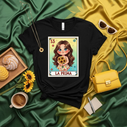 LA PRIMA Cute Sunflower Girl Lotería Card 13 Unisex T-Shirt - Mexican Bingo Game Graphic Tee for Cousins and Family Fun Mexicada
