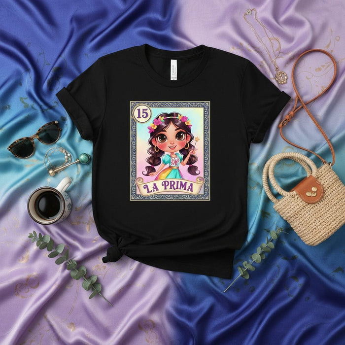 La Prima Loteria Card T-Shirt, Mexican Bingo Game Inspired, Cute Latina Cousin Graphic Tee, Women's and Men's Unisex Apparel, Floral Crown Girl Design, Number 15 Gift Idea Mexicada