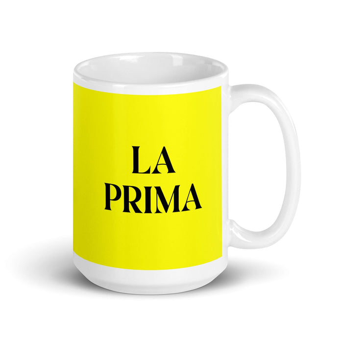 La Prima The Cousin (Female) / The Cousin (Male) Funny Home Office Work Coffee Mug Mexican Spanish Pride Gift White Glossy Cup Yellow Card Mug Mexicada 15 oz