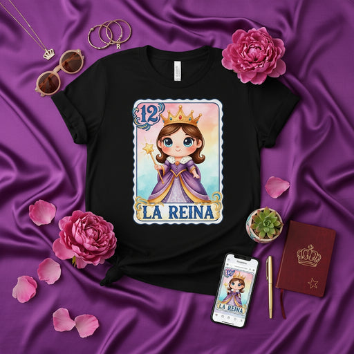 LA REINA Cute Chibi Princess Loteria Card T-Shirt, Royal Crown Number 12 Mexican Bingo Game Tee, Birthday Queen Gift for Her, Aesthetic Unisex Apparel Mexicada