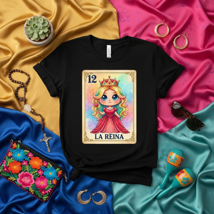 LA REINA Cute Chibi Queen Lotería Card Tee, Unisex Mexican Bingo Inspired Graphic T-Shirt, Pastel Watercolor Design, Kawaii Aesthetic Royal Latina Apparel Gift Mexicada