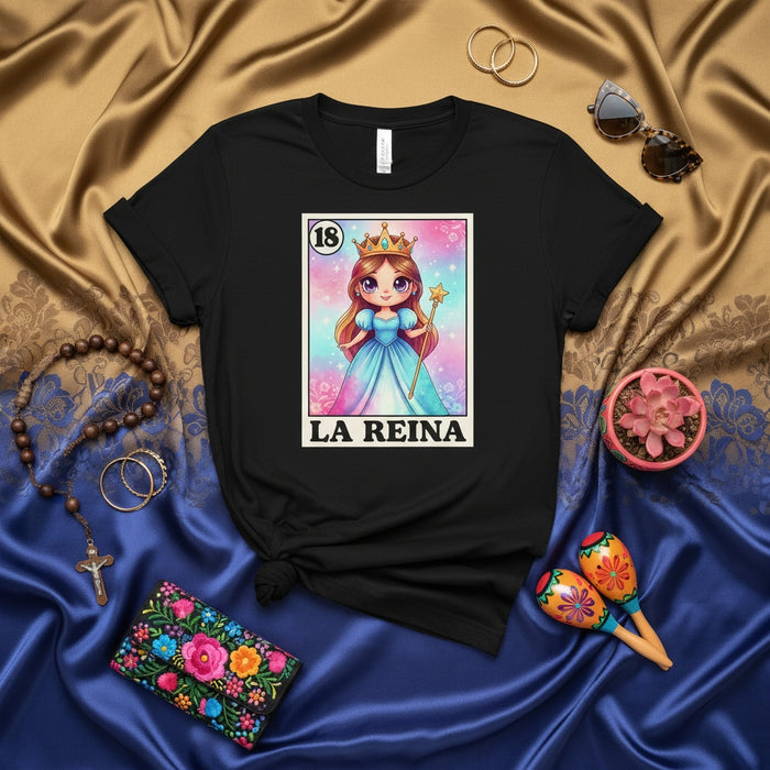 LA REINA Cute Kawaii Princess Loteria Card T-Shirt, Mexican Bingo Game La Corona Queen Tee, Graphic Shirt for Women, Funny Spanish Culture Apparel, Latina Gift, Number 18 Royal Aesthetic Top Mexicada