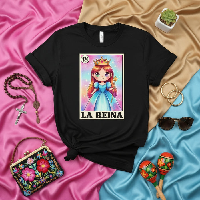 LA REINA Cute Princess Loteria Card T-Shirt, Queen Mexican Bingo Game Design Tee, Girls' Birthday Gift, Hispanic Culture Unisex Shirt Mexicada