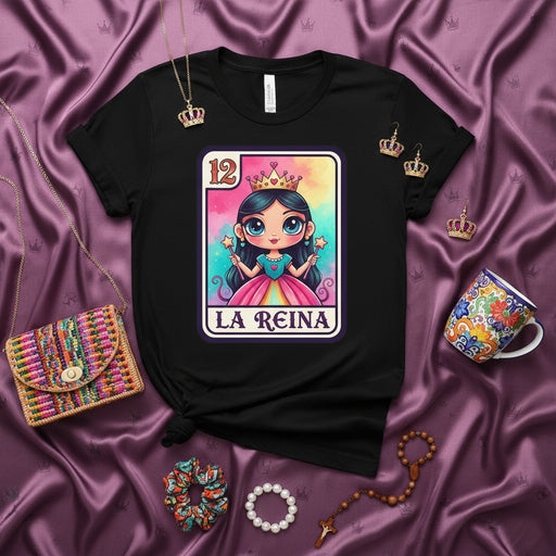 LA REINA Cute Queen Loteria Card T-Shirt Women's Unisex Mexican Bingo Art Graphic Tee Gift Idea for Girls and Latina Pride Mexicada