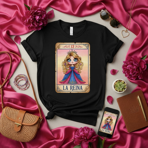 LA REINA Loteria Card T-Shirt Cute Cartoon Princess Design Black Unisex Tee, Mexican Bingo Game Art Shirt, Sweet Queen Themed Graphic Apparel Gift for Her, Women's and Men's Fashion Top Mexicada