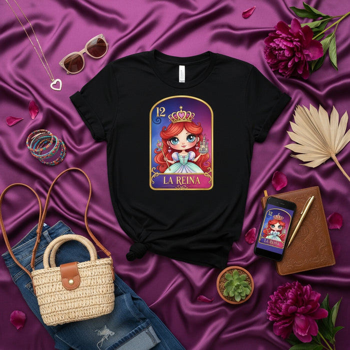 LA REINA Loteria Card T-Shirt, Cute Mermaid Princess Queen Design, Number 12 Mexican Bingo Game Tee, Hispanic Culture Gift, Short Sleeve Unisex Shirt Mexicada