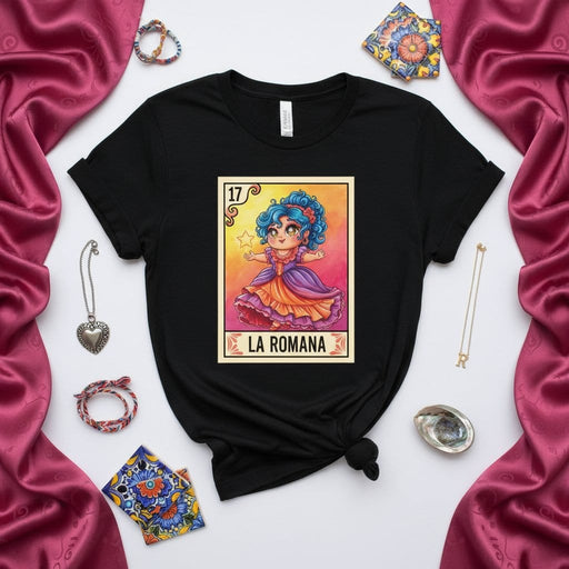 LA ROMANA Cute Chibi Girl Loteria Card 17 T-Shirt Mexican Bingo Game Graphic Tee Unisex Clothing Gift Idea for Women Mexicada