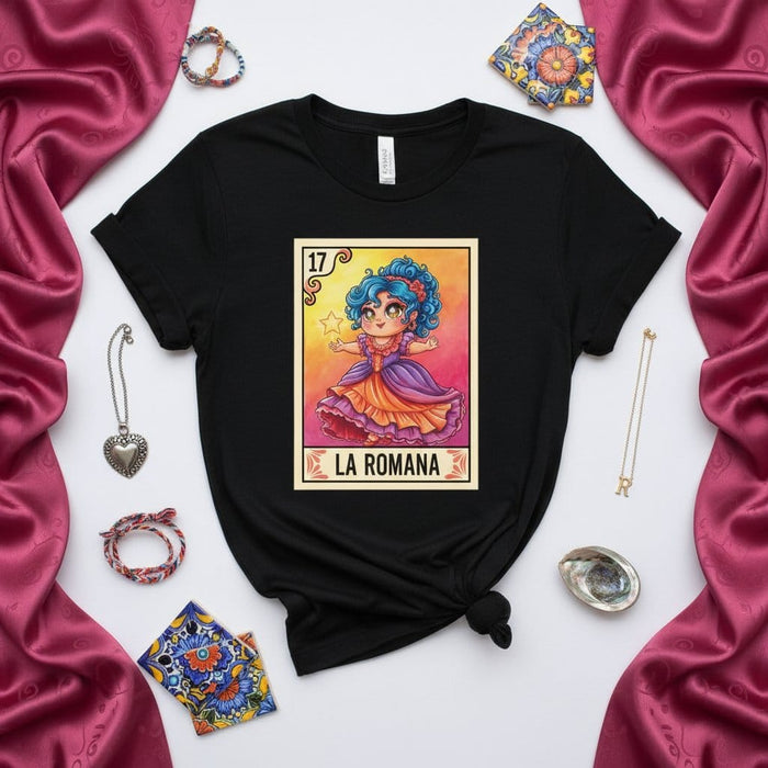LA ROMANA Cute Chibi Girl Loteria Card 17 T-Shirt Mexican Bingo Game Graphic Tee Unisex Clothing Gift Idea for Women Mexicada