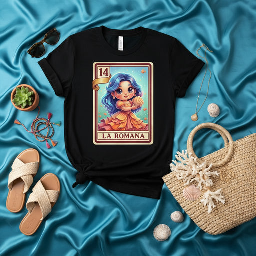 LA ROMANA Cute Chibi Lotería Card 14 T-Shirt, Mexican Bingo Game Art Tee, Kawaii Latina Graphic Shirt, Spanish Vintage Style Poster Gift for Women Men, Unisex Black Summer Vacation Top Mexicada