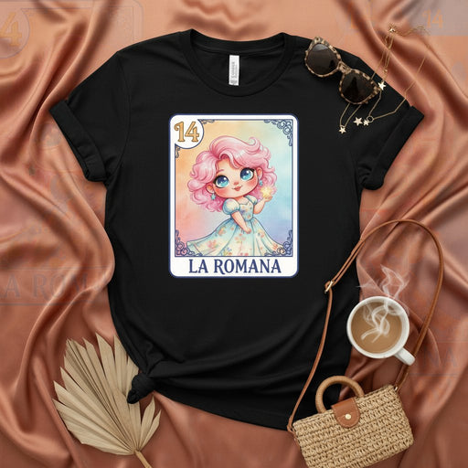 LA ROMANA Loteria Card Chibi Girl T-Shirt, Cute Kawaii Art Style Graphic Tee, Number 14 Mexican Bingo Game Design, Unisex Apparel Gift Mexicada
