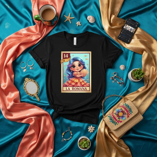LA ROMANA Loteria Card T-Shirt, Cute Cartoon Girl with Fan, Mexican Bingo Game Inspired Unisex Tee, Number 14 Design Gift Idea Mexicada