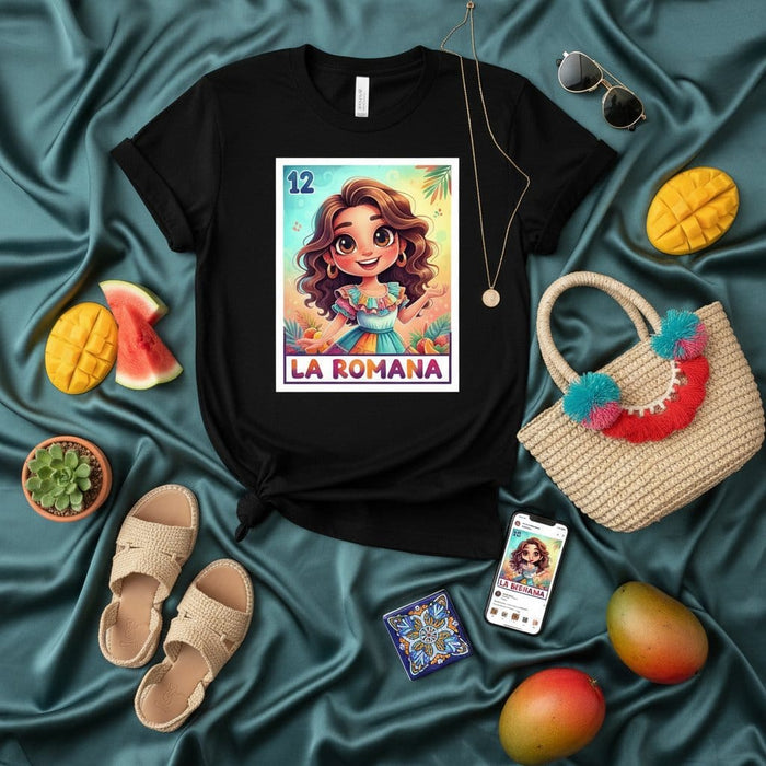 LA ROMANA Mexican Loteria Card Graphic T-Shirt | Cute Cartoon Girl Character Print Unisex Tee | Traditional Bingo Game Design Clothing Gift Mexicada
