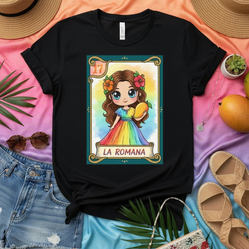La Romana Rainbow Dress Lotería Card T-Shirt Cute Cartoon Girl Mango Graphic Tee Mexican Bingo Game Inspired Unisex Apparel Gift Mexicada