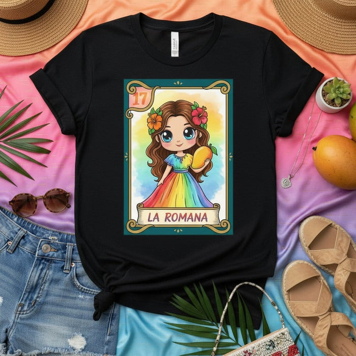 La Romana Rainbow Dress Lotería Card T-Shirt Cute Cartoon Girl Mango Graphic Tee Mexican Bingo Game Inspired Unisex Apparel Gift Mexicada