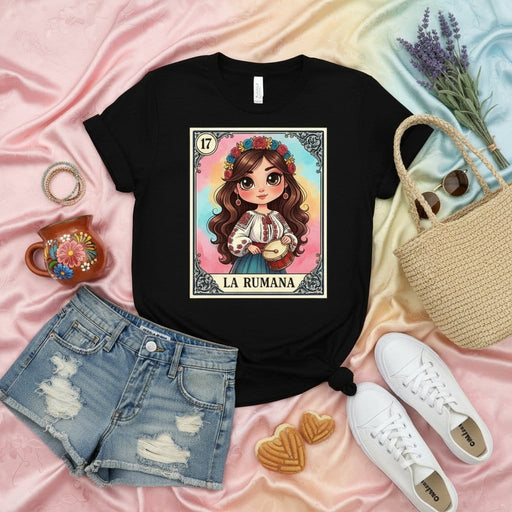 LA RUMANA La Lotería Card T-Shirt, Romani Girl Folkloric Blouse Floral Crown, Cute Mexican Bingo Style Shirt Gift for Her Mexicada