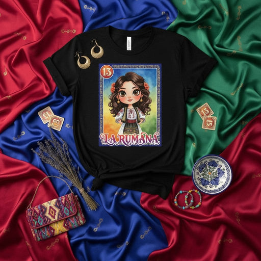 La Rumana Lotería Card 13 T-Shirt, Cute Romanian Girl Folk Costume Design, Traditional Slavic Heritage Gift Tee, Dia De Los Muertos Art, Unisex Fashion Top Mexicada