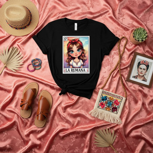 LA RUMANA Loteria Card T-Shirt, Cute Cartoon Girl Illustration Tee, Mexican Bingo Inspired Unisex Graphic Top, Traditional Game Art Apparel Mexicada