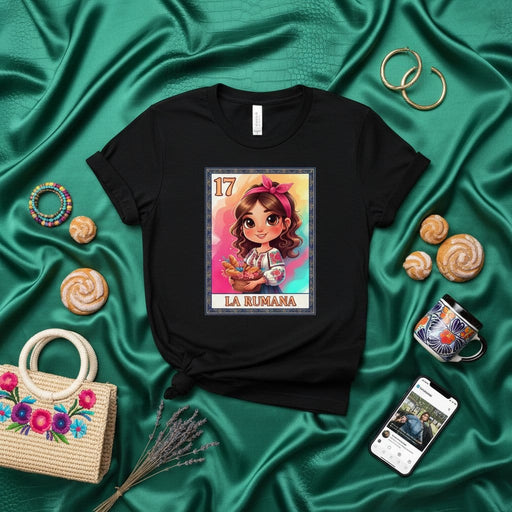 LA RUMANA Loteria Card T-Shirt, Cute Romanian Girl Cartoon Graphic Tee, Number 17 Hispanic Heritage Inspired Unisex Shirt Mexicada