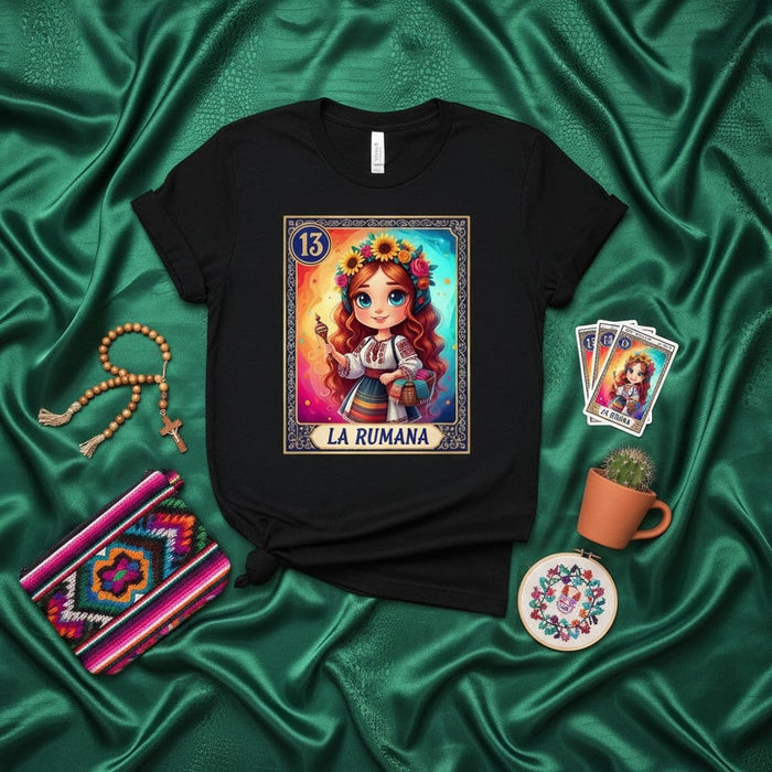 LA RUMANA Loteria Card T-Shirt, Cute Romanian Girl in Traditional Folk Blouse, Floral Crown, Latina Game Design, Unique Gift for Women, Cultural Graphic Tee with Number 13 Mexicada