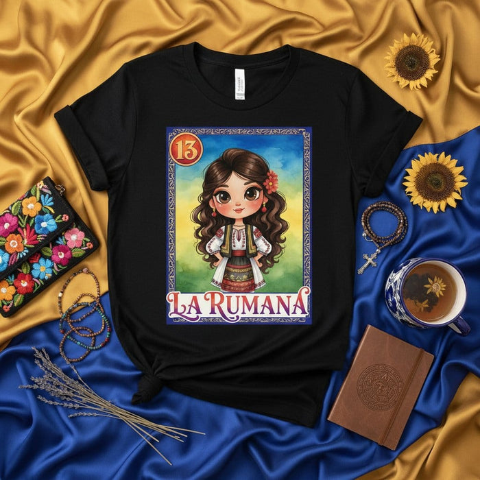 LA RUMANA Loteria Card T-Shirt, Cute Romanian Girl in Traditional Folk Costume Graphic Tee, Unisex Black Shirt, Unique Hispanic Culture Game Inspired Design, Number 13, Gift for Her Mexicada