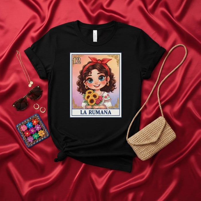 LA RUMANA Loteria Card T-Shirt, Cute Romanian Girl with Sunflowers Graphic Tee, Number 12 Traditional Mexican Bingo Game Art, Unisex Black Shirt Mexicada