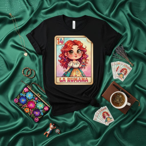 LA RUMANA Loteria Card Unisex T-Shirt - Cute Cartoon Girl Design with Red Curly Hair, Mexican Bingo Game Inspired Apparel, Unique Gift for Women and Teens, Black Short Sleeve Tee, Number 14 Mexicada