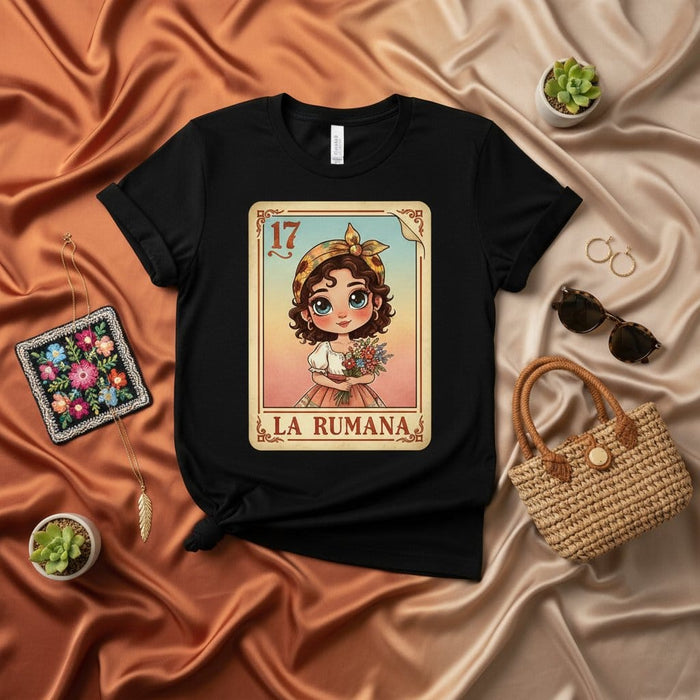 LA RUMANA Loteria Card Unisex T-Shirt - Cute Cartoon Girl with Head Scarf & Flowers, Unique Mexican Bingo Inspired Game Art Tee, Short Sleeve Graphic Shirt, Number 17 Print, Gift for Him or Her Mexicada
