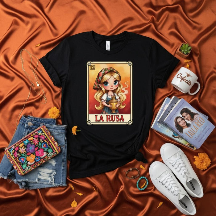 LA RUSA Cute Blonde Girl Loteria Card T-Shirt, Mexican Bingo Game Inspired Tee, Kawaii Cartoon Character Graphic Unisex Shirt, Latinx Culture Gift Idea Mexicada