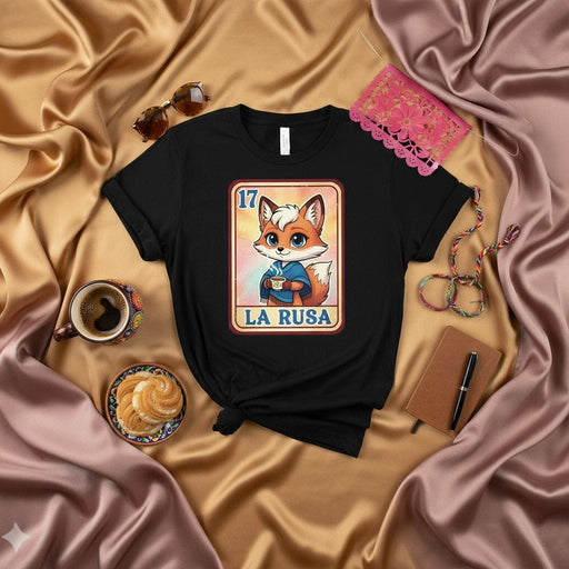 LA RUSA Fox Loteria Card T-Shirt, Cute Anthropomorphic Anime Style Character Tee, Mexican Bingo Game Inspired, Unisex Gift for Fox Lovers Mexicada