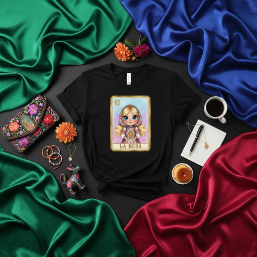 LA RUSA Loteria Card 17 T-Shirt, Mexican Bingo Game Folk Art Style Tee, Cute Cartoon Doll Graphic Print Unisex Shirt, Traditional Latin Culture Gift Apparel Mexicada