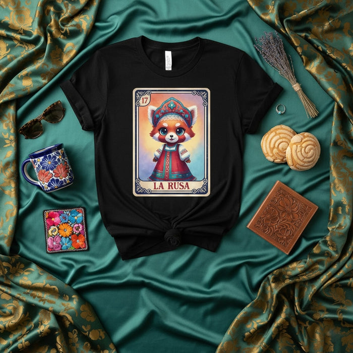LA RUSA Loteria Card Red Panda Russian Traditional Dress Cute Graphic Tee Shirt Unisex 17 Mexican Bingo Style Design Mexicada