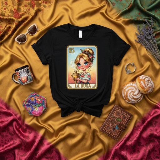 La Rusa Loteria Card T-Shirt, Cute Blonde Girl in Traditional Floral Dress with Samovar Tea Kettle, Unique Mexican Bingo Style Art Print Unisex Tee Gift Mexicada