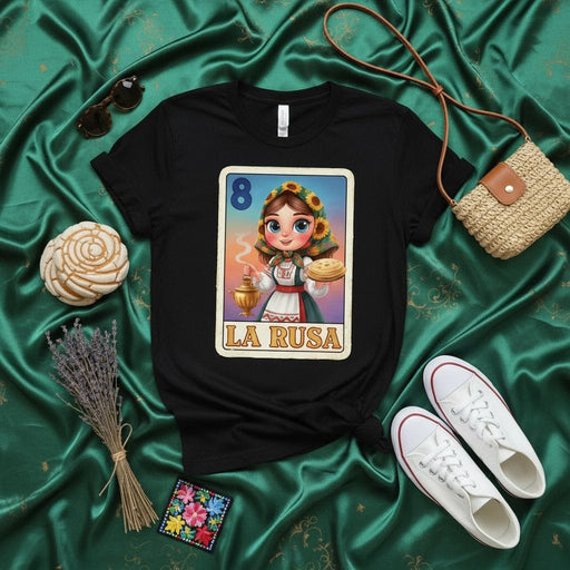 LA RUSA Lotería Card T-Shirt, Cute Russian Girl with Sunflower Crown, Samovar & Blini, Unique Hispanic Culture Game Inspired Graphic Tee, Number 8 Folk Art Style Unisex Shirt Mexicada