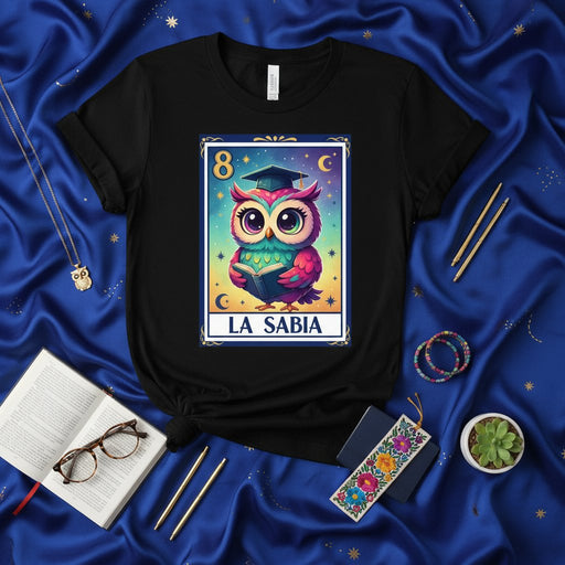 La Sabia Loteria Card T-Shirt Cute Wise Owl Graduation Cap Book Design Unisex Tee Gift Mexicada