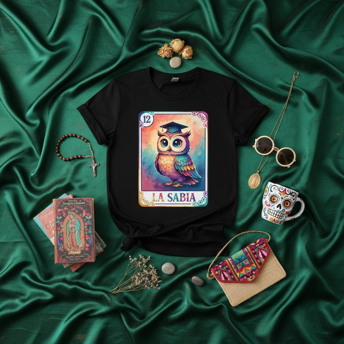 La Sabia Loteria Card T-Shirt: The Wise Owl Graduation Gift, Colorful Mexican Bingo Art Tee, Unisex Graphic Shirt Mexicada