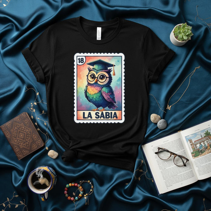 LA SABIA Owl Loteria Card T-Shirt, Graduate Graduation Wise Owl Design, Unisex Mexican Bingo Game Tee, Rainbow Colors Wisdom Gift Top Mexicada