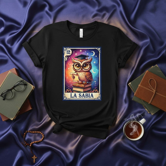 LA SABIA Owl Loteria Card T-Shirt, Wise Graduation Student Tee, Celestial Cosmic Night Sky Mexican Bingo Game Shirt, Unisex Gift for Her or Him Mexicada