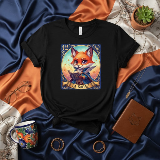LA SAGAZ Clever Fox Loteria Card T-Shirt Cute Vixen Reading Book Graphic Tee Unisex Short Sleeve Top Mexican Game Art Astute Animal Design Mexicada