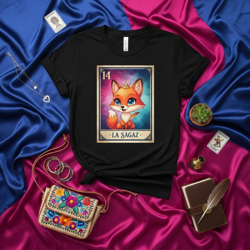 LA SAGAZ Loteria Card 14 Fox T-Shirt Unisex Bi Pride Flag Colors Background Cute Cartoon Animal Graphic Tee Gift Idea Mexicada