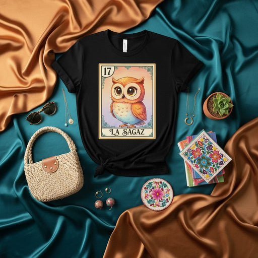 LA SAGAZ Loteria Card Cute Owl Graphic Tee Shirt for Women Men Unisex T-Shirt Funny Mexican Bingo Game Art Casual Apparel Gift Idea, Number 17 The Wise One Design Mexicada