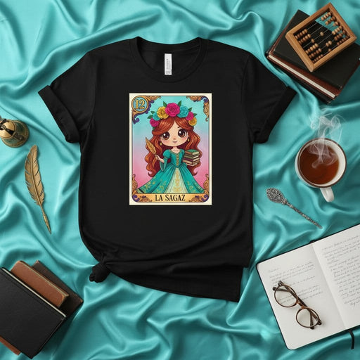 LA SAGAZ Loteria Card T-Shirt Cute Chibi Girl with Books and Floral Crown Design Unisex Black Graphic Tee for Readers and Hispanic Culture Fans Mexicada