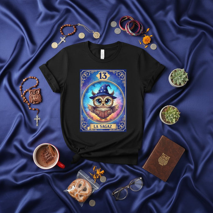 La Sagaz Wise Owl Witch T-Shirt, Cute Lotería Card 13 Graphic Tee, Magical Animal Design, Unisex Adult Shirt Mexicada