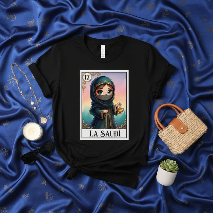 LA SAUDÍ Cute Chibi Saudi Woman Islamic Hijab Niqab Loteria Card Art T-Shirt, Unisex Graphic Tee, Number 17 Middle Eastern Culture Game Design Shirt Mexicada