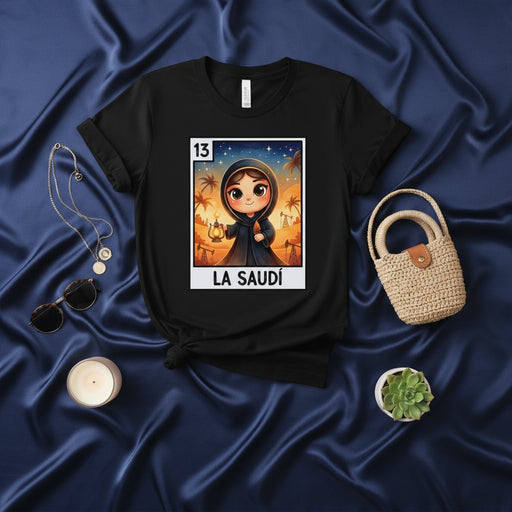 LA SAUDÍ Loteria Card Style T-Shirt - Saudi Girl with Lantern Desert Design, Number 13 Mexican Bingo Game Unisex Graphic Tee Gift Idea Mexicada